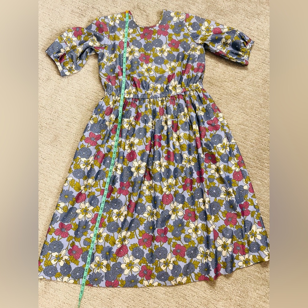 YMC London Floral Midi Smock Dress Size S 70s Mod Blue Pink Cotton Garden - Picture 14 of 16
